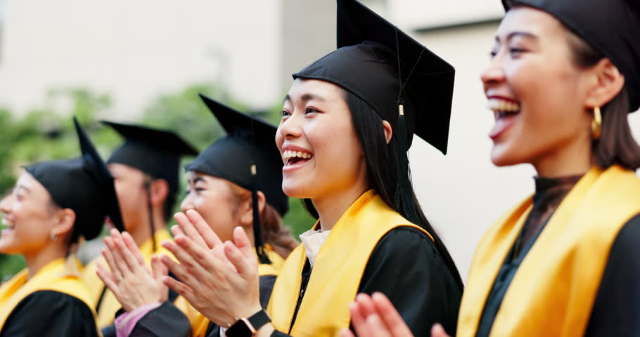 Graduation, woman and applause for success, achievement or goals at college celebration. Happy Japanese people, clapping hands and education for hope, winning students and smile for academy friends