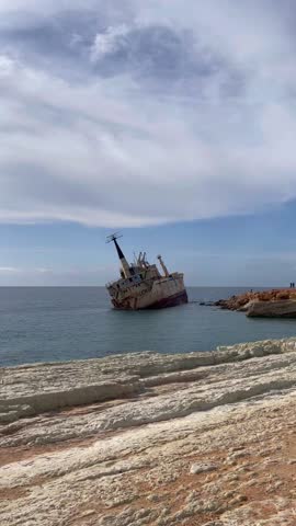 Abandoned Edro III Shipwreck at seashore of Peyia, near Paphos, Cyprus. Historic Edro III Shipwreck site on the shore of the water in Cyprus. EDRO III, Pegeia, Paphos.