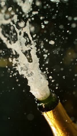 Super slow motion of Champagne explosion with flying cork closure, opening champagne bottle closeup, camera movement. Filmed on high speed cinematic camera at 1000 frames per second.