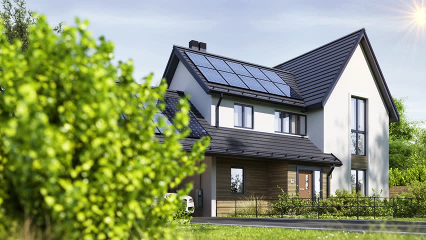 Powering a Modern Home with Solar Panels. Electric vehicle as a backup power source for the home