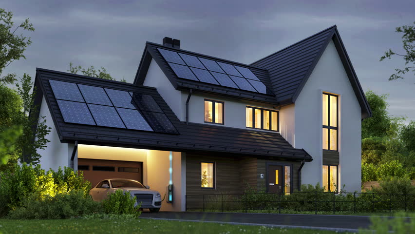 Powering a Modern Home with Solar Panels. Electric vehicle as a backup power source for the home