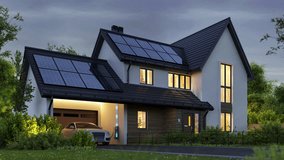 Powering a Modern Home with Solar Panels. Electric vehicle as a backup power source for the home - Powered by Shutterstock - Get 15% off with code: PIKWIZARD15