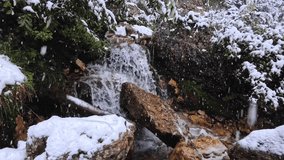 Detailed video of mountain creek during the first snowfall, with snowflakes slowly settling on rocks, water, and surrounding vegetation in a tranquil winter atmosphere - Powered by Shutterstock - Get 15% off with code: PIKWIZARD15