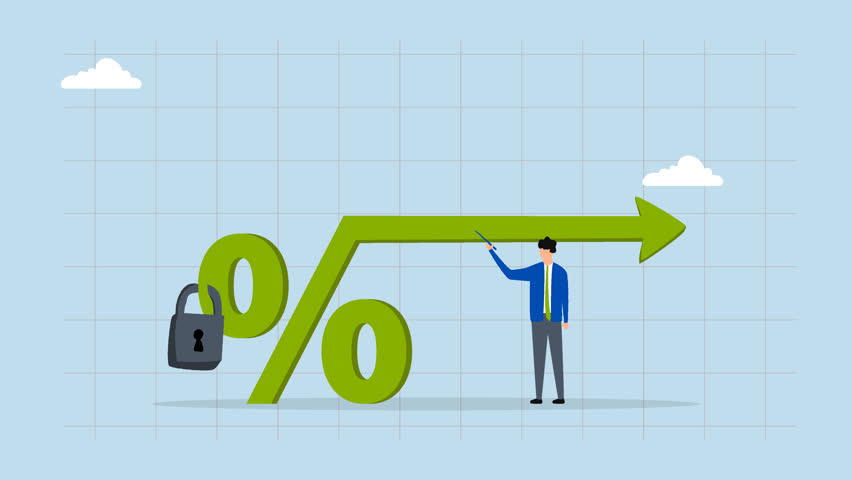 Fixed interest rate, 4k animation of businessman property proprietor with constant percentage symbol. 