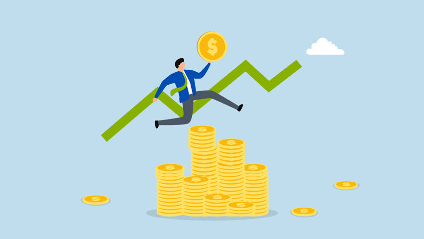 Success investing, 4k animation of wealthy businessman leaps atop a pile of coins with an upward trend chart. 