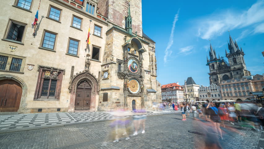 Prague Astronomical Clock timelapse hyperlapse, medieval astronomical clock, on the southern wall of Old Town City Hall in the Old Town Square, Prague, Czech Republic 4K