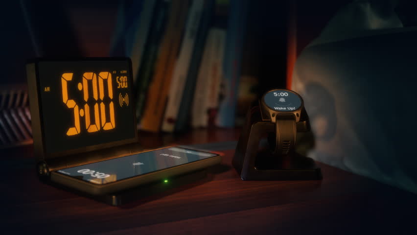 Digital alarm clock with phone charger and smart watch are waking up at 5 AM. The numbers on the clock screen changes from 4:59 to 5:00AM. Alarm goes off on the charging phone and the smart watch also