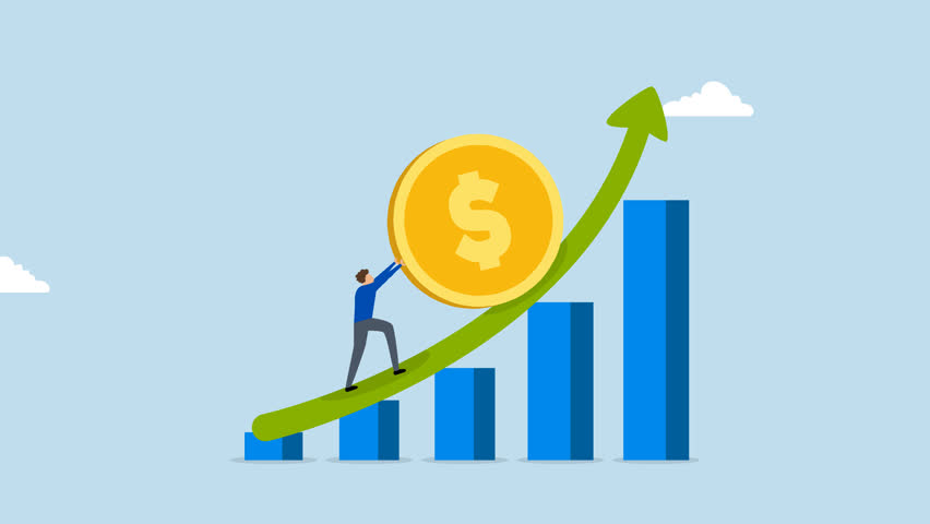 Compound interest exponential growth, 4k animation of entrepreneur drives funds upward on a growing chart. 