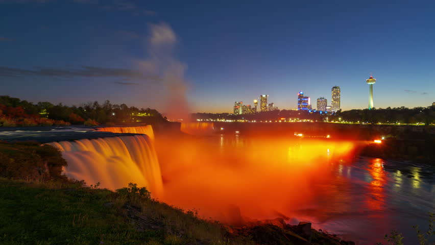 Niagara Falls, New York, USA from the rim of the falls on an autumn dusk.