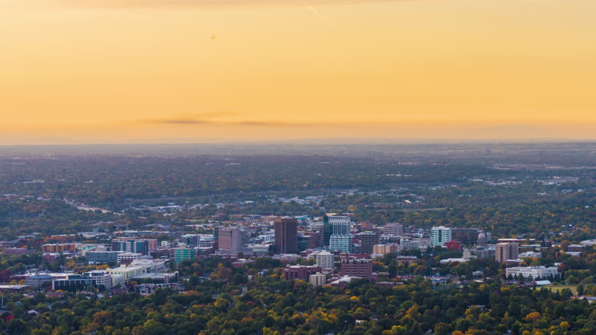 Boise, Idaho, USA view towards downtown from the mountains at dusk.