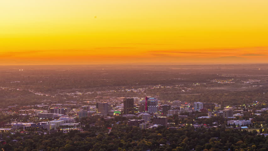 Boise, Idaho, USA view towards downtown from the mountains at dusk.
