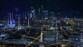 Great Aerial View of Los Angeles Skyscrapers at Dusk. Futuristic Smart city IOT internet of things ICT. Digital Technology, Shinning Wired Network over LA. Metaverse, 5G, AI, AR, NFT. California. - Powered by Shutterstock - Get 15% off with code: PIKWIZARD15