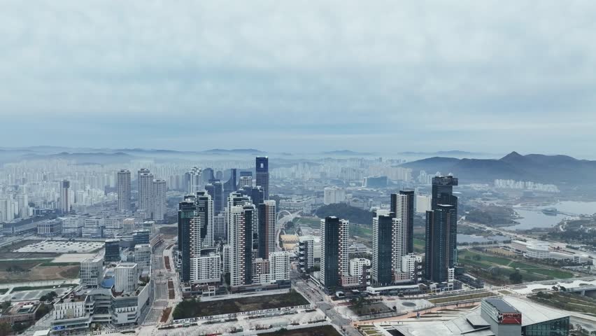 Drone View of Sejong City in South Korea, Park, Autumn, 60fps