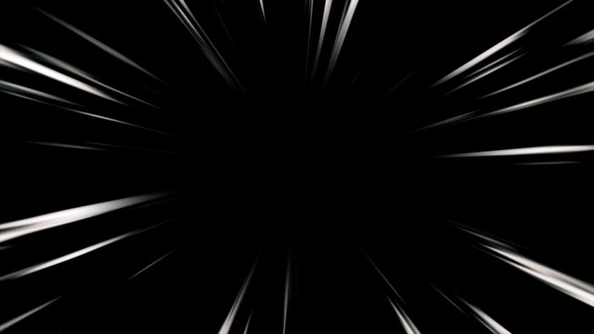 White anime speed lines seamless motion on black. Anime style radial comic speed lines. Flash action, velocity lines. Comic book, manga background. Moving with the speed of light. Fast light trails. 