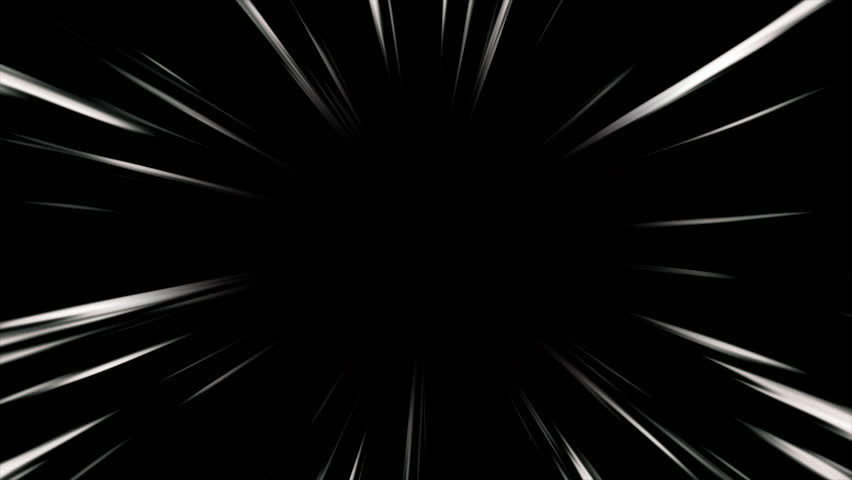 White anime speed lines seamless motion on black. Anime style radial comic speed lines. Flash action, velocity lines. Comic book, manga background. Moving with the speed of light. Fast light trails. 