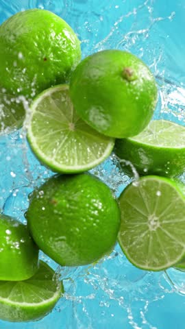 Super Slow Motion of Falling Limes Slices into Water . Filmed on High Speed Cinema Camera , 1000fps