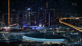 Augmented Reality over Los Angeles. Aerial view of Smart City Skyline with Futuristic Neon Style Technological Concepts, Lines and Dots Network Connections and Big Data Connections. Metaverse. - Powered by Shutterstock - Get 15% off with code: PIKWIZARD15