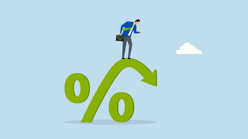 interest rate falling down, 4k animation of businessman on percentage sign with falling down.