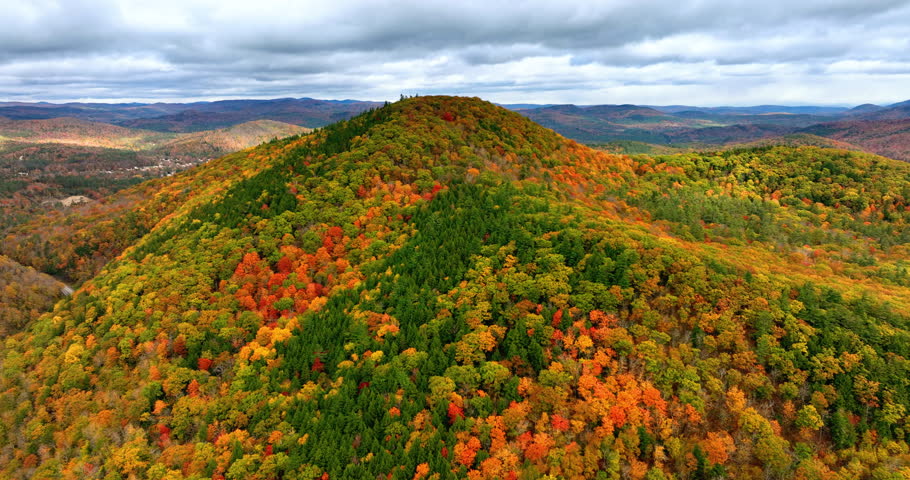 Autumn leaves cover USA mountains. A beautiful landscape features vibrant autumn leaves on mountains under a clear blue sky. Aerial view.