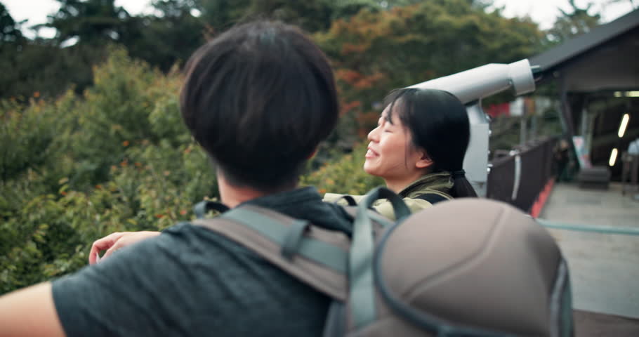 View, hiking and travel with Japanese couple and mt takao for explore, love and nature tourism. Location, bonding and adventure with Asian man and woman for trekking, holiday and fitness together