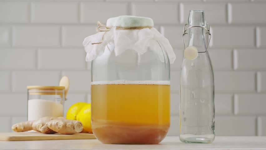 Kombucha tea, scoby fungus homemade Kombucha fermented drink, bacteria and yeast, fermentation, probiotic, Scoby, mushroom pro biotic, healthy fermented tea