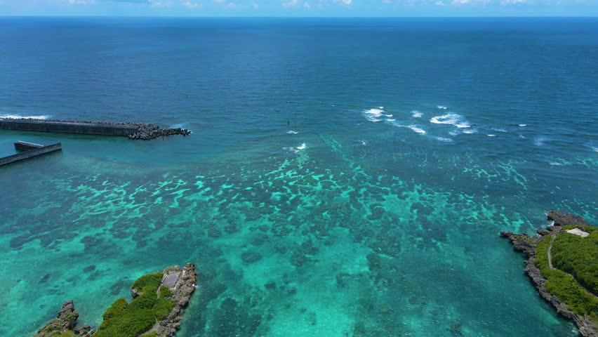 Cinematic aerial flyover of Imugya Marine Garden in Miyakojima Island in Okinawa, Japan