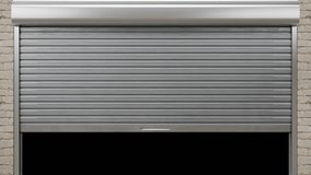 Industrial metal roller shutter door.
Three dimensional animation of modern aluminum roller shutter or garage door with horizontal slats mounted on beige brick wall. - Powered by Shutterstock - Get 15% off with code: PIKWIZARD15