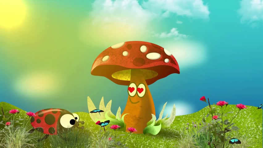 Digital painting and animation of a mushroom in love with a ladybug in a sunny garden