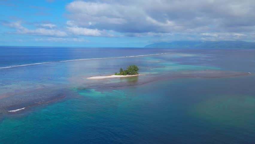 Lost lone island Papeete Tahiti Tapahi Moto Au Mahina Orafara Ahonu French Polynesia aerial drone aqua turquoise clear water barrier coral reef white sand palm trees swim snorkel sail circle left