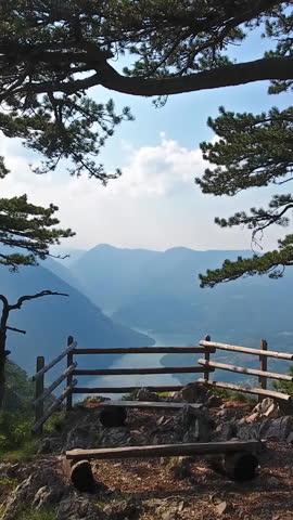 Flying from viewpoint Banjska stena rock at Tara mountain looking down to Canyon of Drina river, Serbia. Vertical video