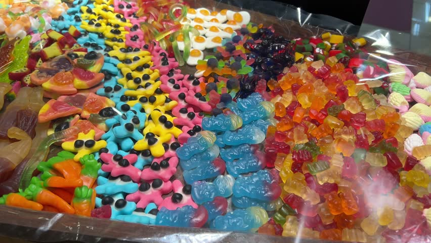 jelly candies in the store lot of colorful fruit gummies lie in wooden boxes in a candy store. Delicious and beautiful bright treats for children.