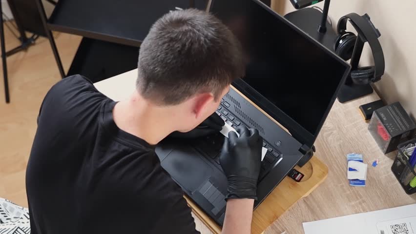 A guy puts a sticker on the buttons of a laptop keyboard.