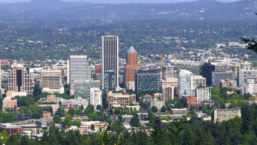 PORTLAND, OREGON - JULY 04, 2023: Panoramic view of Portland city skyline , Oregon, 26th most populous city in USA, Aerial view.