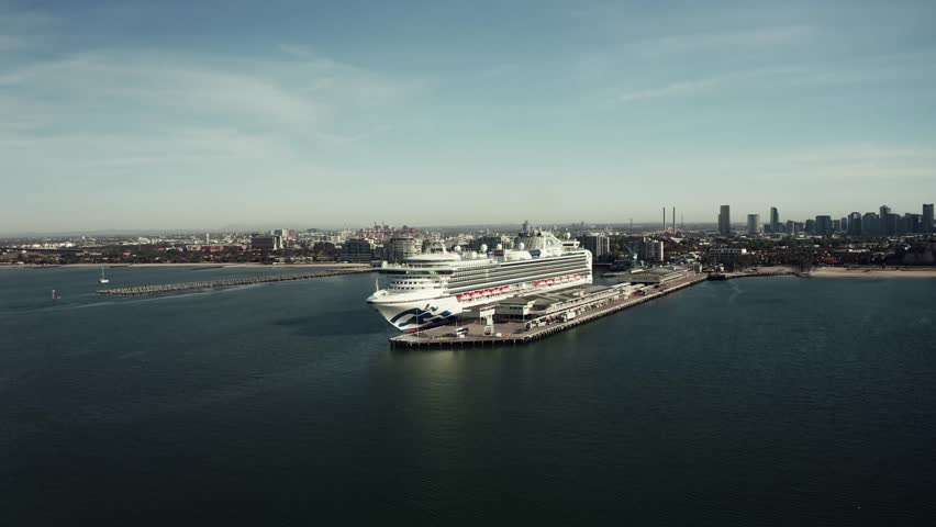 A large cruise anchored in the port of Melbourne, Victoria, Australia.