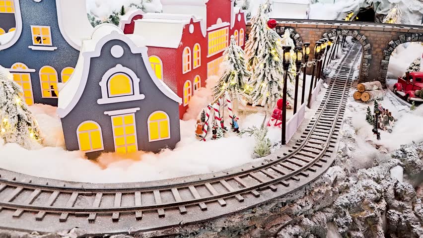 A toy red Christmas train rides along a toy children's railway in a Christmas atmosphere.