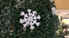 Enhance your Christmas spirit with a fluffy snowflake ornament hanging on a vibrant green tree adorned with twinkling lights. This festive piece brings a touch of winter wonderland magic holiday - Powered by Shutterstock - Get 15% off with code: PIKWIZARD15