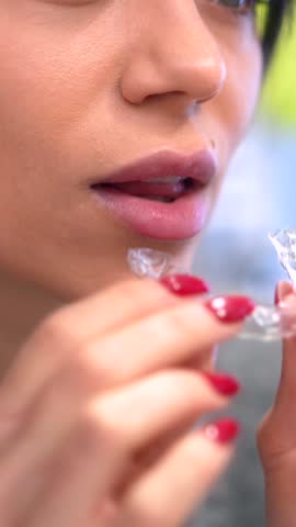 Beauty caucasian woman putting on her clear retainer in the bathroom mirror