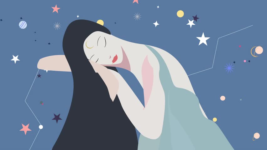 Dreamy illustration of a woman resting under a cosmic sky, symbolizing the Capricorn, libra, Leo, scorpio zodiac sign. Ideal for horoscope artwork and astrology enthusiasts