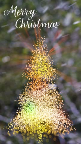 Christmas tree with snow falling and Merry Christmas message.
Turning christmas tree shape made of coloured lights. Real snow falling. Loops.