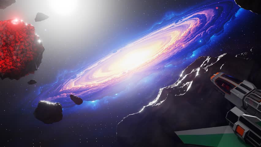 A spaceship or research probe flies in outer space. Concept: astronautics, space exploration