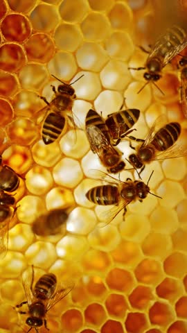Bees Walking on Honeycomb and Carrying Honey. Macro shot of Domesticated Insect, Beekeeper and Farmers Life.