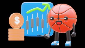 3D Cute Basketball Character Pointing At Stock Market Graph Suitable For Financial And Investment Concepts. Transparent Background. Alpha Background. Looping Animation. - Powered by Shutterstock - Get 15% off with code: PIKWIZARD15