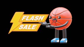 3D Cute Basketball Character Pointing At Flash Sale Text, Ideal For Discounts, Special Offers, And Promotions. Transparent Background. Alpha Background. Looping Animation. - Powered by Shutterstock - Get 15% off with code: PIKWIZARD15