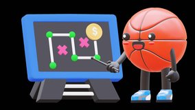 3D Cute Basketball Character Explaining Business Strategy On Chalkboard Suitable For Business Presentation And Educational Content. Transparent Background. Alpha Background. Looping Animation. - Powered by Shutterstock - Get 15% off with code: PIKWIZARD15