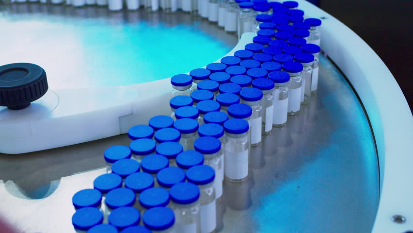 Modern industrial equipment. Pharmaceutical industry. Many glass vials move along the production line.