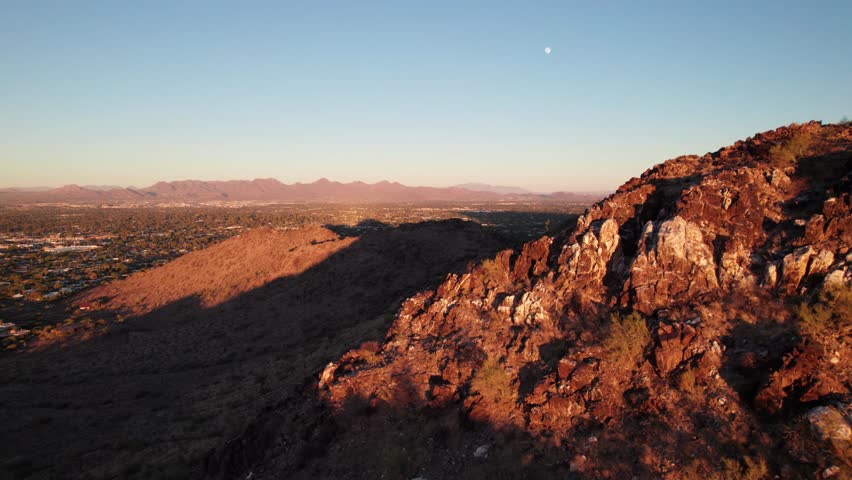 Rugged Mountainous Landscape outside Phoenix, Arizona. Rich Red Desert, Sunset Aerial, 4K