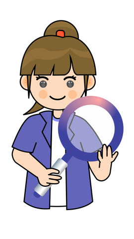 A cute girl holding a magnifying glass in a cartoon animation. Alpha channel. Seamless looping. Suitable for adorable stickers and research knowledge video content