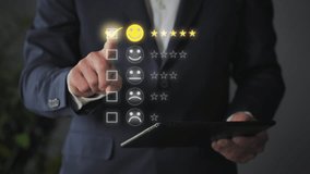 business man standing in office gives positive review on virtual screen,satisfied businessman customer rating experience giving feedback on touch screen interface - Powered by Shutterstock - Get 15% off with code: PIKWIZARD15