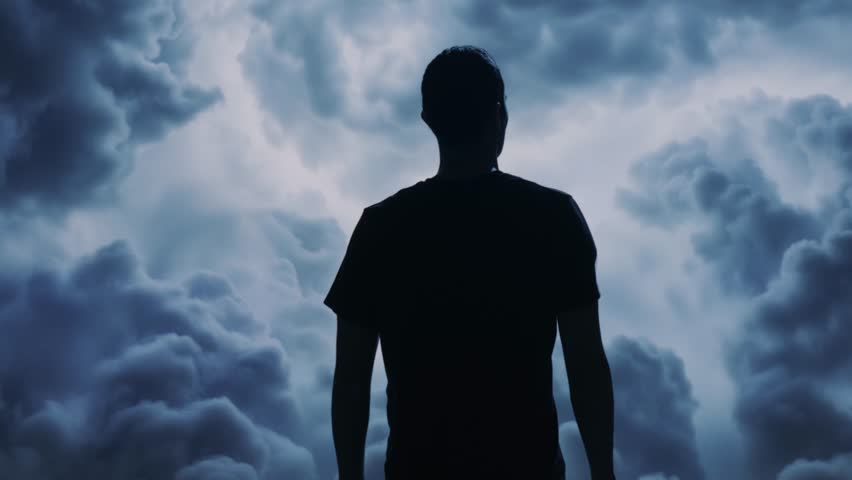 Silhouette Man Looking At Stormy Sky Dark Clouds Dramatic Weather Moody Atmosphere