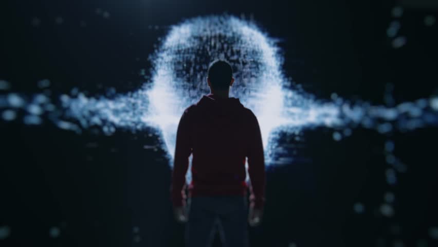 Human Silhouette Facing AI Visualization in Abstract Technology-Themed Environment